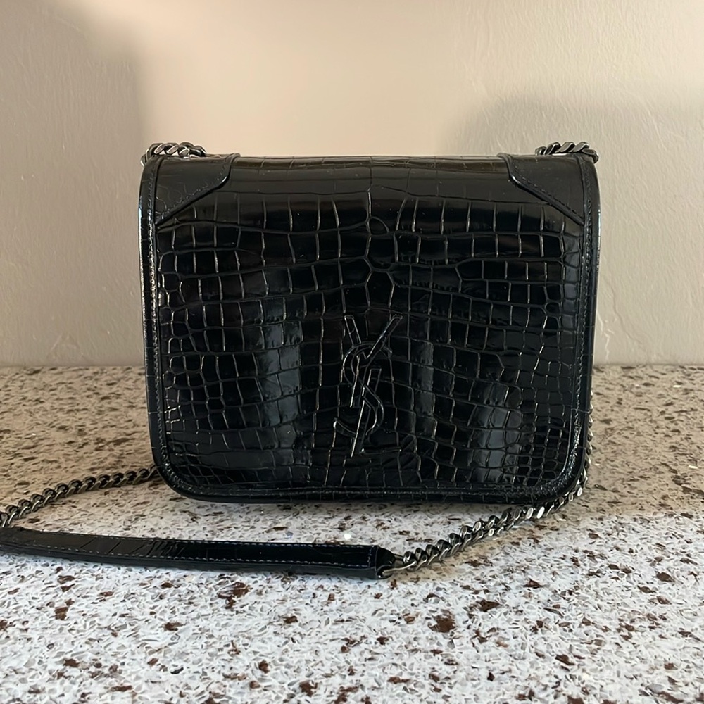 Yves Saint Laurent Niki Croc Embossed Leather Wallet on a Chain EUC